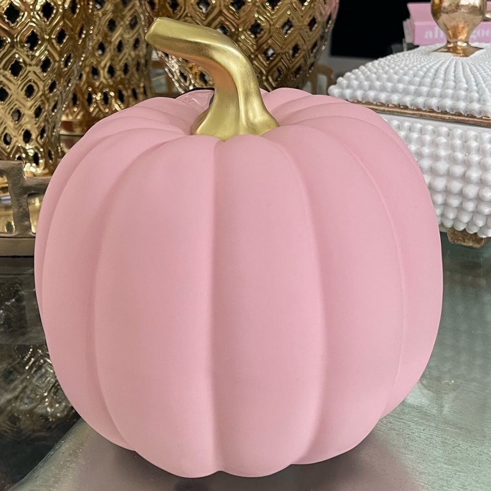 CUPCAKES & CASHMERE Pink Ceramic Pumpkin with Gold Stem Posh Fall Decor